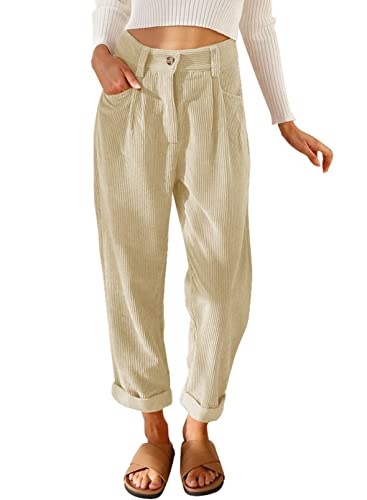 Aleumdr Hose Damen High Waist Freizeithose Lang Damen Cargohose Sommerhose für Damen Einfarbig Cord Hosen Herbsthose Dicke Haremshose aus Baumwolle,Aprikose L von Aleumdr