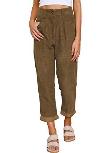 Aleumdr Hose Damen Lange Freizeithose Damen High Waist Cargohose Sommerhose für Damen Einfarbig Cord Hosen Herbsthose Dicke Haremshose aus Baumwolle,Braun L von Aleumdr