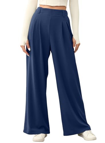 Aleumdr Hose Damen Sommer Palazzo Hose Damen Elegant Musselin Hose Leicht Weite Bein Sommerhose Lang Einfarbig Culotte Hose mit elastischem Bund,Blau L von Aleumdr
