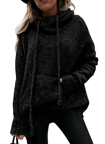 Aleumdr Kapuzenpullover Damen Elegant Rollkragenpullover Oversize Pullover Damen Langarm Hoodie Sweatshirts Herbst Strickpullover Damen Rollkragen Winterpullover Strickpulli,Schwarz M von Aleumdr