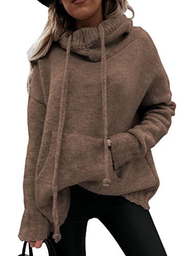 Aleumdr Kapuzenpullover Damen Strickpullover Oversize Hoodie Damen Pullover Sweatshirts Herbst Strickpulli Elegant Pullover Damen Rollkragenpullover Langarm Winterpullover mit Kapuze,Braun M von Aleumdr