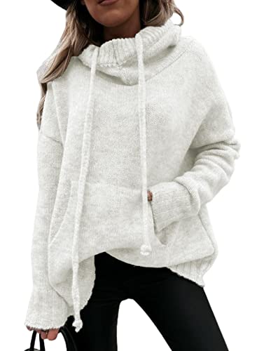 Aleumdr Kapuzenpullover Damen Sweatshirt Hoodie Damen Rollkragen Pullover Elegant Damen Hoodie Pullover Langarm Herbst Winter Kapuzenpulli Strickpullover,Weiß L von Aleumdr