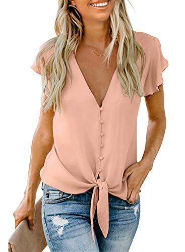 Aleumdr Kurzarm Bluse Damen Elegante Einfarbig Damen Oberteile V-Ausschnitt Tops Casual Chiffon Tops Sommer Tunika Einfarbig Hemd Aprikose XL von Aleumdr