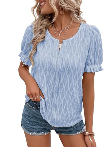 Aleumdr Kurzarm Chiffon Bluse Damen Sommer Elegant Oberteile Casual Tunika Tshirt Blau Größe Mittel Medium von Aleumdr