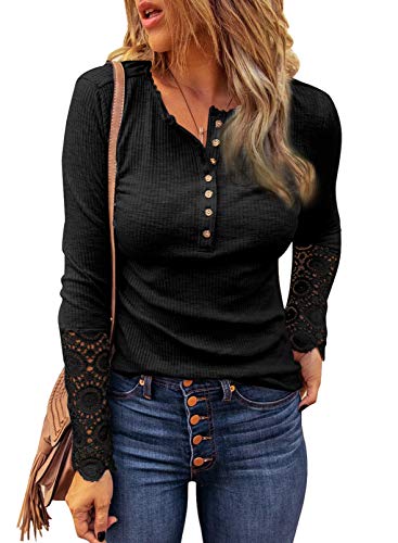 Aleumdr Langarmshirt Damen Sexy Strick Pullover Damen Rundhals Longshirt Damen Basic Langarmshirt Slim Fit Strickpullover Oberteile Damen mit Spitzenärmel Shirts,Schwarz M von Aleumdr