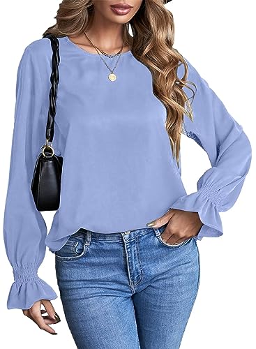 Aleumdr Oberteil Damen Bluse Elegant Rundhals Chiffon Bluse Damen Langarm Tunika Hemd Blusen Einfarbig Business Bluse Damen Langarmshirts Trompetenärmel Blusen Tops，Sky Blau M von Aleumdr