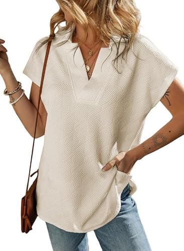 Aleumdr Poloshirt Damen Locker Basic V Ausschnitt Oversize Shirt Elegant Bluse für Damen Kurzarm Casual Oberteile Aprikose Größe X-Groß X-Large von Aleumdr