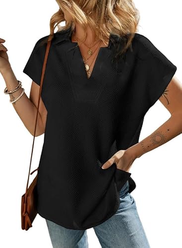 Aleumdr Poloshirt Damen Locker Basic V Ausschnitt Oversize Shirt Elegant Bluse für Damen Kurzarm Casual Oberteile Schwarz Größe X-Groß X-Large von Aleumdr