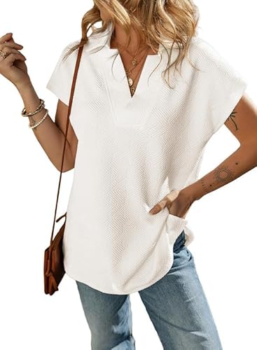 Aleumdr Poloshirt Damen Locker Basic V Ausschnitt Oversize Shirt Elegant Bluse für Damen Kurzarm Casual Oberteile Weiß Größe X-Groß X-Large von Aleumdr