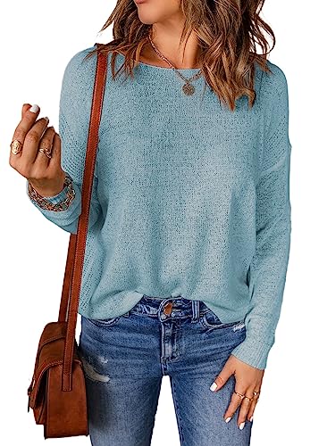 Aleumdr Pullover Damen Elegant Langarmshirts Basic Strickpullover Damen Langarm Oberteil Damen Sweatshirt Oversized Leichter Pullover für Damen Einfarbig Pulli，Blau XL von Aleumdr