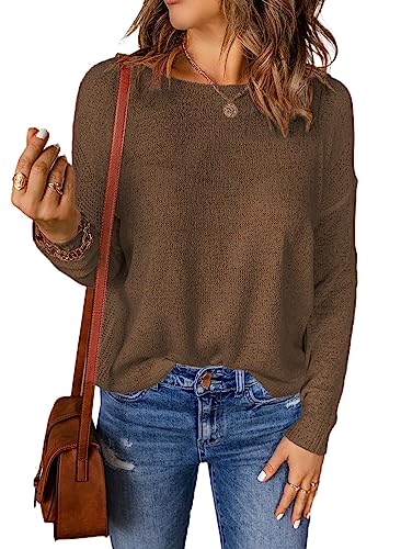 Aleumdr Pullover Damen Elegant Langarmshirts Basic Strickpullover Damen Langarm Oberteil Damen Sweatshirt Oversized Leichter Pullover für Damen Einfarbig Pulli，Braun L von Aleumdr