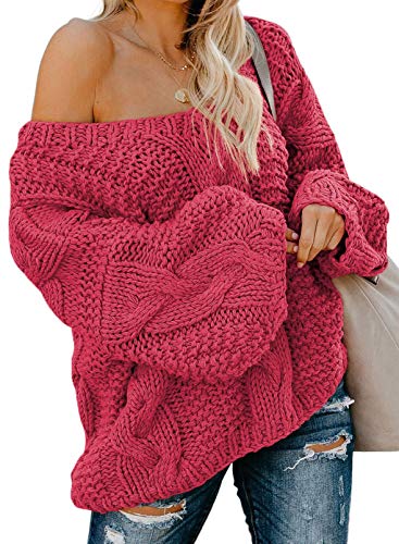 Aleumdr Pullover Damen Elegant Strickpullover Damen Grobstrick Pullover V-Ausschnitt Lose Winter Pulli Damen Schulterfrei Oberteile Causal Stricksweater Festliche Pullover Oversized warm Rose S von Aleumdr