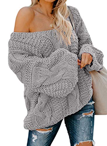 Aleumdr Pullover Damen Elegant Strickpullover Damen Grobstrick Pullover V-Ausschnitt Lose Winter Pulli Damen Schulterfrei Oberteile Causal Stricksweater Festliche Pullover Oversized warm Grau L von Aleumdr