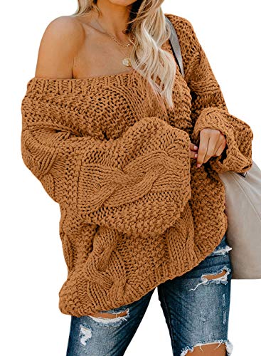 Aleumdr Pullover Damen Elegant Strickpullover Damen Grobstrick Pullover V-Ausschnitt Lose Winter Pulli Damen Schulterfrei Oberteile Causal Stricksweater Festliche Pullover Oversized warm Braun L von Aleumdr