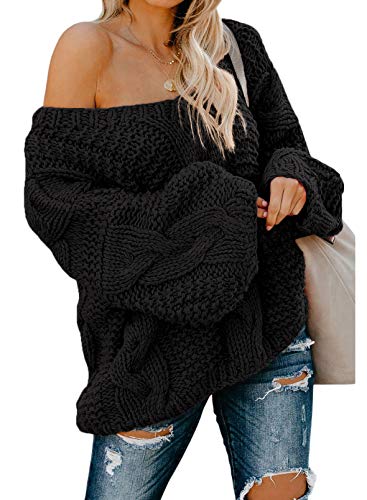 Aleumdr Pullover Damen Elegant Strickpullover Damen Grobstrick Pullover V-Ausschnitt Lose Winter Pulli Damen Schulterfrei Oberteile Causal Stricksweater Festliche Pullover Oversized warm Schwarz S von Aleumdr