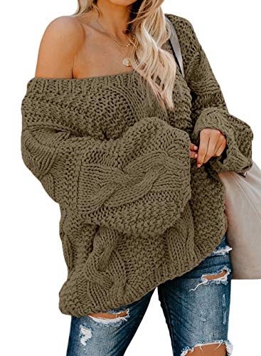 Aleumdr Pullover Damen Elegant Strickpullover Damen Grobstrick Pullover V-Ausschnitt Lose Winter Pulli damen Schulterfrei Oberteile Causal Stricksweater festliche Pullover Oversized warm Dunkelgrün XL von Aleumdr