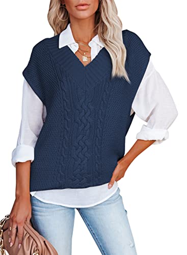 Aleumdr Pullover Damen Elegant Strickpullover Damen Oversize Pullunder Damen Ärmellos Grobstrick Strickweste Damen V-Auschnitt Pullover Herbst Causal Strickpulli Damen Winterpullover,Blau XL von Aleumdr