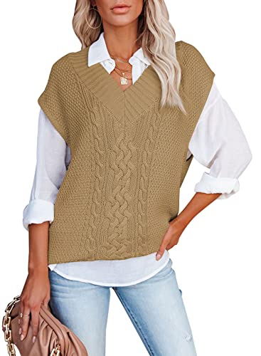 Aleumdr Damen Pullunder V-Ausschnitt Strickweste Pullunder Damen Ärmellos Casual Pullover Damen Oversize Strickpullover Damen Grobstrick Winterpullover Strickpulli Damen Elegant,Braun S von Aleumdr