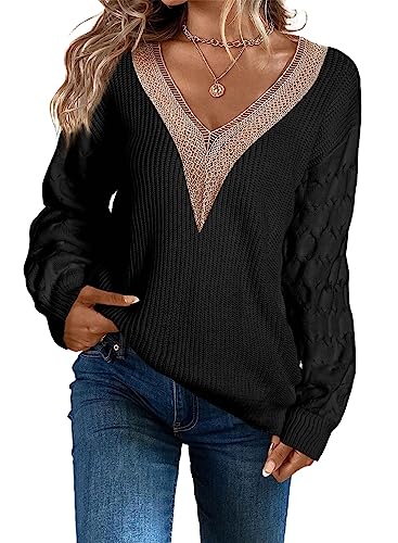 Aleumdr Pullover Damen Langarm V-Ausschnitt Sweatshirt ohne Kapuze Basic Strickpullover Damen Elegant Pullover Herbst Winterpullover,Schwarz XXL von Aleumdr