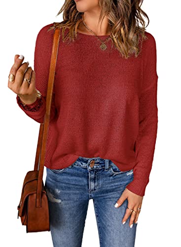 Aleumdr Pullover Damen Langarmshirts Basic Strickpullover Damen Langarm Oberteil Damen Pullover Rosa Sweatshirt Lässig Tunika Einfarbig Pulli，Rot L von Aleumdr