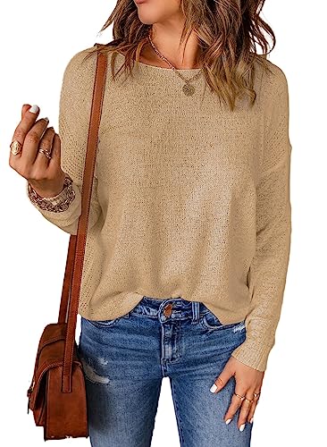 Aleumdr Pullover Damen Langarmshirts Basic Strickpullover Damen Langarm Oberteile Damen Sweatshirt Lässig Tunika Einfarbig Pulli，Beige M von Aleumdr