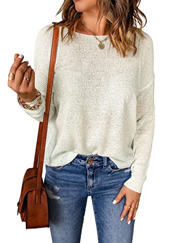 Aleumdr Pullover Damen Langarmshirts Basic Strickpullover Damen Langarm Oberteile Damen Sweatshirt Lässig Tunika Einfarbig Pulli，Weiß XXL von Aleumdr