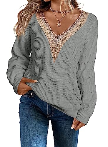 Aleumdr Pullover Damen Langarmshirts Basic V-Ausschnitt Strickpullover Damen Elegant Oberteil Damen Sweatshirt Oversized Winter Pullover für Damen Einfarbig Pulli，Grau S von Aleumdr