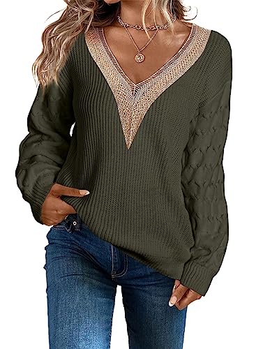 Aleumdr Pullover Damen Langarmshirts Basic V-Ausschnitt Strickpullover Damen Elegant Oberteil Damen Sweatshirt Oversized Winter Pullover für Damen Einfarbig Pulli，Grün S von Aleumdr