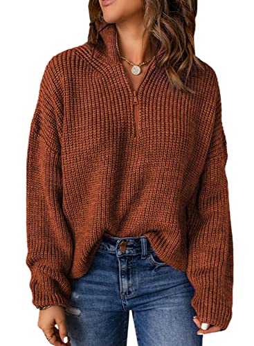 Aleumdr Pullover Damen Oversize Rollkragenpullover Damen Herbst Strickpullover Elegant Winterpullover Reißverschluss Rollkragen Pullover Damen Grobstrick Strickpulli,Rot L von Aleumdr