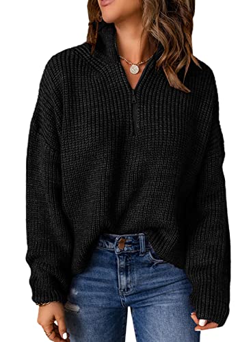 Aleumdr Pullover Damen Oversize Rollkragenpullover Damen Herbst Strickpullover Elegant Winterpullover Reißverschluss Rollkragen Pullover Damen Grobstrick Strickpulli,Schwarz L von Aleumdr