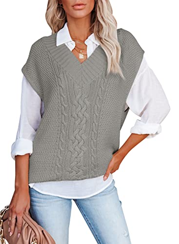 Aleumdr Pullunder Damen ärmellos Strickweste Damen Oversize Pullover Damen Elegant Strickpullover Strickpulli mit V-Ausschnitt Casual Damen Herbst Pullover Winterpullover,Grau XL von Aleumdr