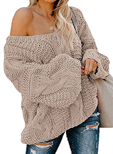 Aleumdr Pullover Damen Oversize V-Ausschnitt Strickpullover Damen Herbst Strickpulli Elegant Grobstrick Winterpullover Causal Stricksweater Festliche Pullover,Beige L von Aleumdr