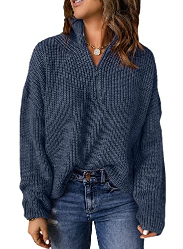 Aleumdr Pullover Damen Rollkragen Damen Strickpullover Elegant Herbst Winterpullover Reißverschluss Strickpulli Damen Grobstrickpullover Sweatshirt Langarmshirts,Dunkelblau XL von Aleumdr