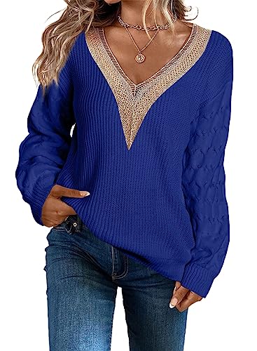 Aleumdr Pullover Damen V-Ausschnitt Strickpullover Elegant Sweatshirt Damen Oversized Herbst Pullover Damen Spitze Winter Grobstrick Strickpulli,Blau L von Aleumdr