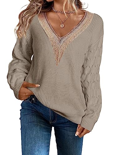 Aleumdr Pullover Damen V-Ausschnitt Strickpullover Elegant Sweatshirt Damen Oversized Herbst Pullover Damen Spitze Winter Grobstrick Strickpulli,Khaki L von Aleumdr