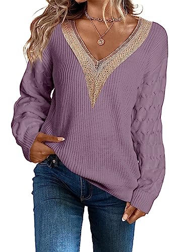 Aleumdr Pullover Damen V-Ausschnitt Strickpullover Elegant Sweatshirt Damen Oversized Herbst Pullover Damen Spitze Winter Grobstrick Strickpulli,Violett L von Aleumdr