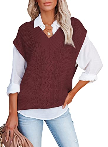 Aleumdr Pullunder Damen Ärmellos Stricken Weste Pullover Damen V-Ausschnitt Strickpullover Damen Grobstrick Oversized Strickweste Elegant Strickpulli Herbst Winterpullover,Rot M von Aleumdr