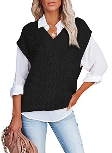 Aleumdr Pullunder Damen Ärmellos Stricken Weste Pullover Damen V-Ausschnitt Strickpullover Damen Grobstrick Oversized Strickweste Elegant Strickpulli Herbst Winterpullover,Schwarz M von Aleumdr