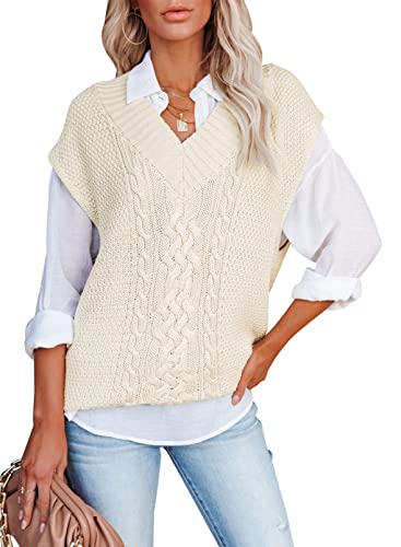 Aleumdr Pullunder Damen ärmellos Strickweste Damen Oversize Pullover Damen Elegant Strickpullover Strickpulli mit V-Ausschnitt Casual Damen Herbst Pullover Winterpullover,Beige L von Aleumdr