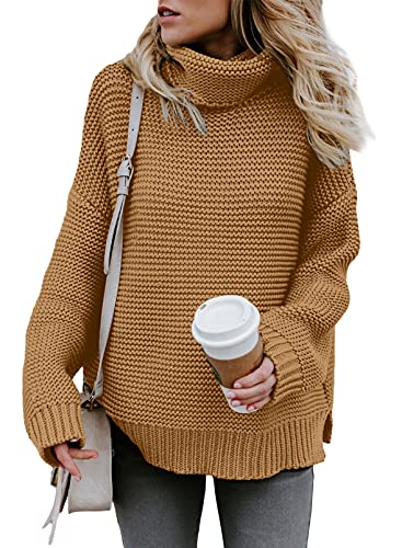 Aleumdr Strickpullover Grobstrick Damen Rollkragenpullover Strickpulli Pullover Pulli Langarm Sweater Loose Casual elegant Khaki L von Aleumdr