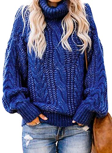 Aleumdr Rollkragenpullover Strickpullover Damen Winterpullover Oversize Rollkragen Pullover Grobstrick Strickpulli Blau M von Aleumdr