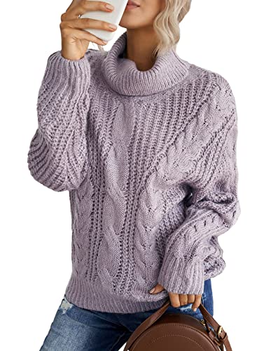 Aleumdr Rollkragenpullover Strickpullover Damen Winterpullover Oversize Rollkragen Pullover Grobstrick Strickpulli Lila S von Aleumdr