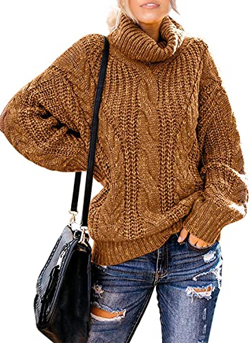 Aleumdr Rollkragenpullover Strickpullover Damen Winterpullover Oversize Rollkragen Pullover Grobstrick Strickpulli Gelb L von Aleumdr