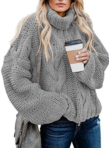 Aleumdr Rollkragenpullover Strickpullover Damen Winterpullover Oversize Rollkragen Pullover Grobstrick Strickpulli Grau L von Aleumdr