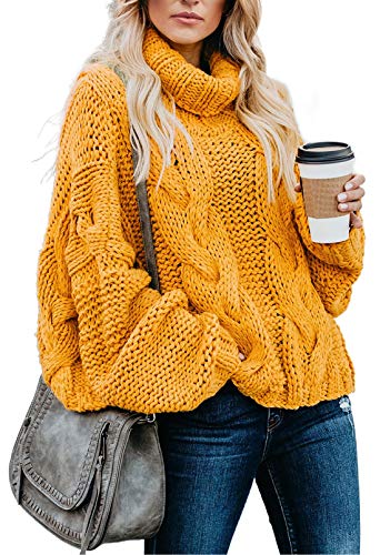 Aleumdr Rollkragenpullover Strickpullover Damen Winterpullover Oversize Rollkragen Pullover Grobstrick Strickpulli Gelb S von Aleumdr