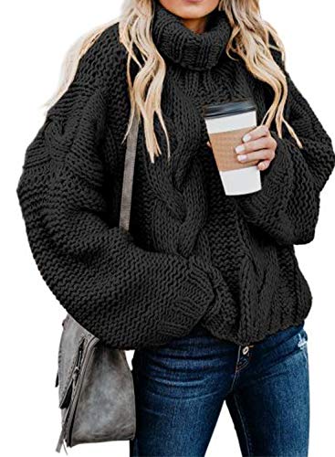 Aleumdr Rollkragenpullover Strickpullover Damen Winterpullover Oversize Rollkragen Pullover Grobstrick Strickpulli Schwarz L von Aleumdr