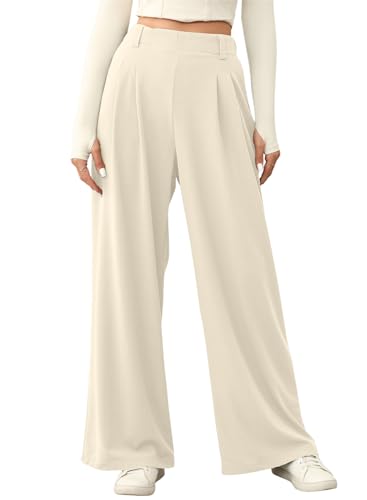 Aleumdr Sommerhose Damen Palazzo Hose Leicht Musselin Hose Damen Elegant Einfarbig Culotte Hose Lang Weite Bein Freizeithose mit elastischem Bund,Beige M von Aleumdr