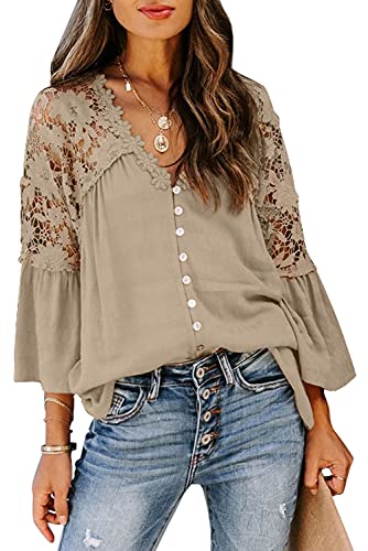 Aleumdr Spitze Bluse Damen Elegant Tunika Bluse Langarm Causal Tops Lose Langarmshirt Vintage Tunika Shirt Einfarbig Aprikose L von Aleumdr