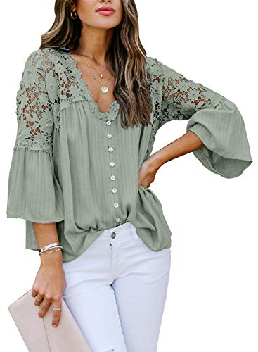 Aleumdr Spitze Bluse Damen Elegant Tunika Bluse Langarm Causal Tops Lose Langarmshirt Vintage Tunika Shirt Einfarbig Grün XL von Aleumdr