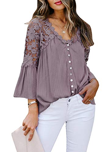 Aleumdr Bluse Damen Elegant V-Ausschnitt Blusen mit Spitzen Damen Sexy Spitze Hemd Bluse Langarm Causal Sommer Oberteile Tunika Spitze Tops Button-down Hemd Langarmshirt,Lila 2XL von Aleumdr